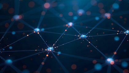 Abstract network of interconnected blue dots and lines, creating a sense of connectivity and data flow, against a dark blue background