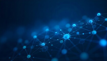 Abstract network of interconnected blue dots and lines, creating a sense of connectivity and data flow, against a dark blue background