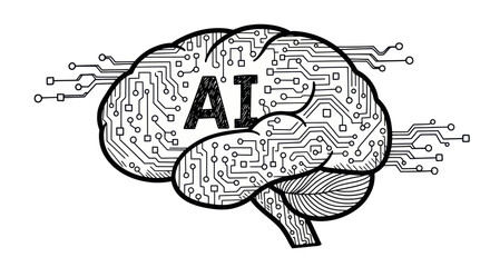 Fototapeta premium Stylized Brain with AI Text and Circuit Board Design.