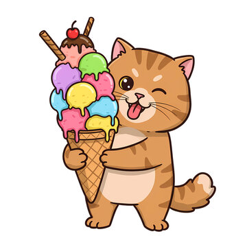 Cute Cartoon Cat Holding Colorful Ice Cream Cone PNG

