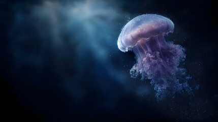 Fototapeta premium A single glowing jellyfish drifts gracefully in the dark ocean depths