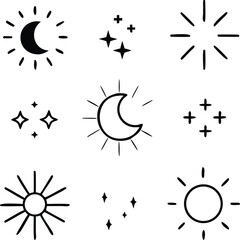Sun and moon icons set. Dark and light mode symbol. Daytime sunset, sun, moon icon set. Vector
