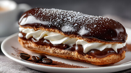 Chocolate eclair dessert with cream and shiny glaze