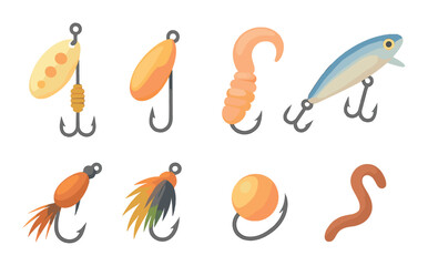 Variety of colorful fishing lures with hooks on display