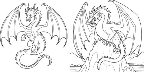 Big Dragon black and white coloring pages for adults.