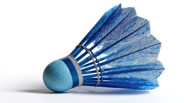 Close up of a blue badminton shuttlecock isolated on a white background