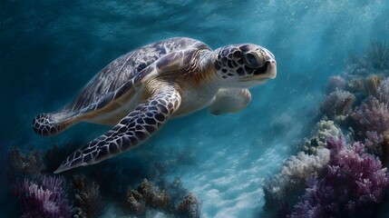 Fototapeta premium A sea turtle glides gracefully through clear blue ocean water near a vibrant coral reef