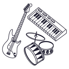 Naklejka premium Line art musical instruments illustration featuring guitar, drums, and keyboard
