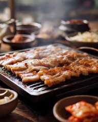 Samgyeopsal (삼겹살) : Grilled meat on a barbecue with side dishes in a cozy setting.