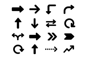 Set of black vector arrows collection with various arrow icons including directional, curved, double, reload, and dotted arrows for navigation and interface design