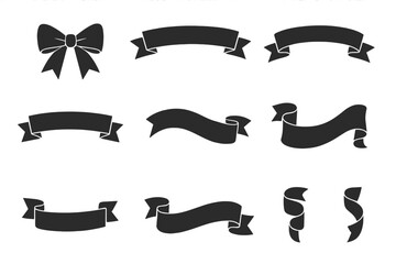 Black Ribbon and Banner Vector Icons Set on White Background. Gift Wrapping Bow, Decorative Banner Labels, Christmas Stickers and Web App Accessories. Isolated Ribbon Badges Collection.