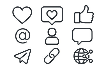 Social network icons set with likes, comments, share, user, link, paper plane and globe symbol for web, internet, app, digital marketing, social media, promotion and business vector illustration