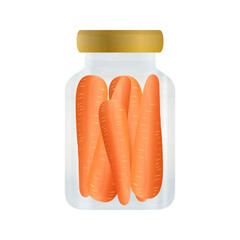 Fresh orange carrots preserved in a clear glass jar with a golden lid
