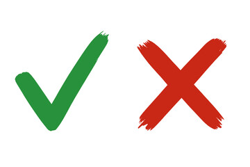 Green checkmark and red cross brush strokes. Isolated yes and no signs, vote symbols, approval and rejection marks, simple graphic design icons on white background.