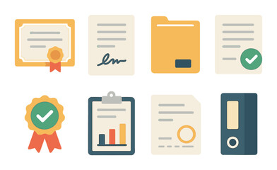 Collection of certification and document icons with charts and checkmarks