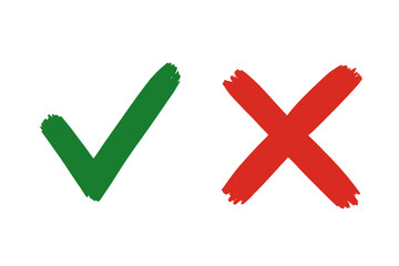 Green checkmark and red cross brush strokes, symbols of approval and rejection, isolated on white background, simple graphic design for yes and no buttons, decision making icons