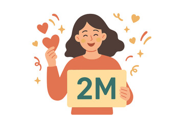 Happy blogger celebrating 2 million followers milestone with heart symbols, social media appreciation, congratulation card, digital community growth, web and online influence concept