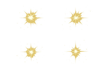 Set of four golden star burst glow light effects with sparkles, glitter shine vector illustrations on transparent background, radiant glittering sparkle bursts for decoration and design
