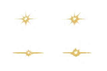 Transparent gold starburst glow light effect with sparkling glitter, luminous vector illustration with shimmer and sparkle, glittering gold light burst set on transparent background
