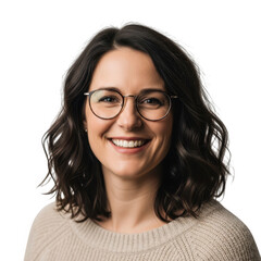 Obraz premium Portrait of a smiling woman wearing glasses and a cream sweater transparent background