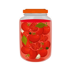 Illustration of a glass jar filled with ripe red tomatoes and garlic cloves preserved in liquid