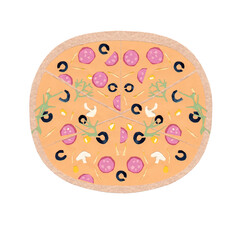 pizza with salami and mushrooms, cheese colored paper collage