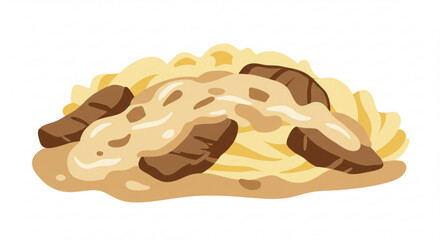 Obraz premium Beef stroganoff served over pasta in creamy sauce 