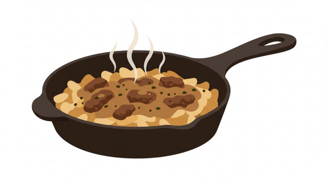 Beef stroganoff in a black skillet with steam rising  