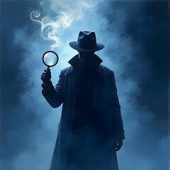 Vector art of a mysterious detective in the fog, holding a magnifying glass and smoking