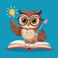 This adorable owl character dons glasses and holds a pencil, sitting on a book, representing wisdom and learning, ideal for educational and nature-themed projects.