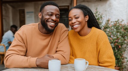 Couple enjoying coffee and laughter at a cozy outdoor cafe during a sunny afternoon