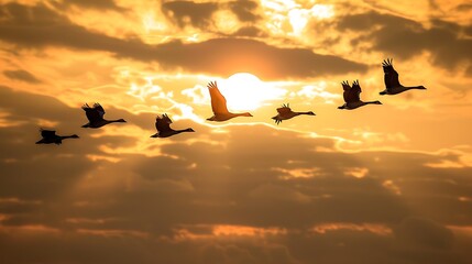 Silhouette flock of geese flying against vibrant golden sunset skyline