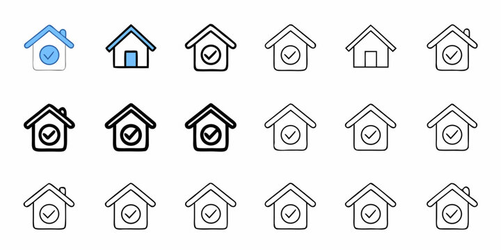 Diverse house icons with checkmarks signify approval, security, and home ownership success for modern living and real estate