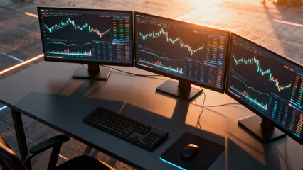 Three monitors displaying stock market charts on a desk with keyboard and mouse setup outdoors