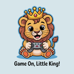 Fototapeta premium A charming lion character wearing a crown and holding a game controller, embodying the spirit of fun and childhood, great for kids’ products or gaming-related themes.