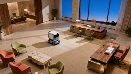 Autonomous delivery robot navigating an expansive office space with modern furniture and scenic views