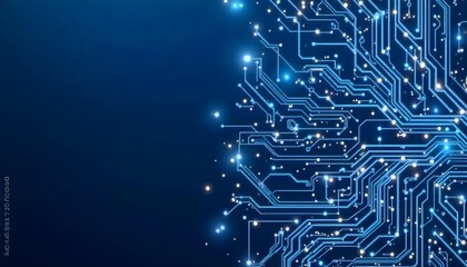 Blue circuit board with glowing lights and intricate pathways, conveying a sense of technology and connectivity, set against a dark blue background