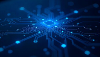 Blue circuit board with glowing lights and intricate pathways, conveying a sense of technology and connectivity, set against a dark blue background