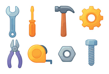 Colorful cartoon tools set: hammer, wrench, pliers, and more