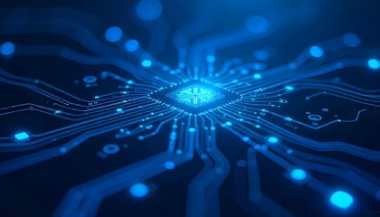 Blue circuit board with glowing lights and intricate pathways, conveying a sense of technology and connectivity, set against a dark blue background