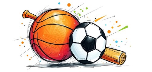 Energetic sketch of basketball, soccer ball, and baseball bat intertwined, vibrant, whimsical