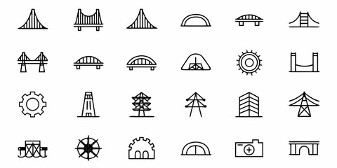 Explore diverse architectural and industrial icons showcasing bridges, towers, gears, and buildings for creative projects
