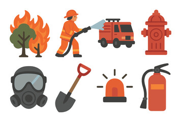 Firefighting icons design with firetruck, hydrant, and extinguisher illustrations