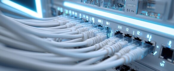 The Ethernet cables connected to a glowing network switch in a modern data center