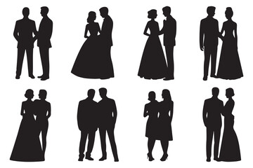 Set of silhouettes of different couples wearing evening formal or black tie outfits for celebration, wedding, Christmas Eve or New Year party. Vector Black silhouettes. with white background