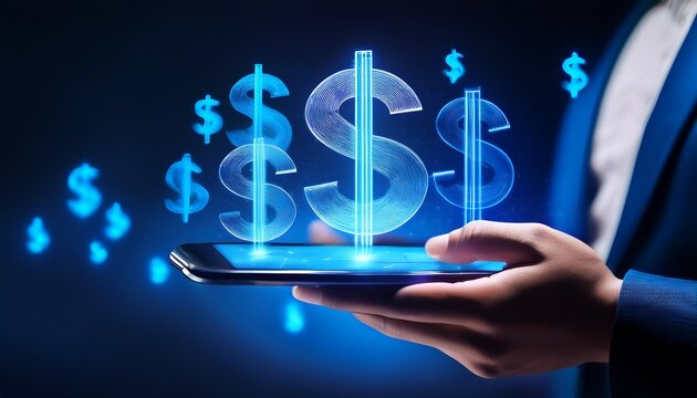 fingers interact with a smartphone screen glowing blue dollar signs emerge symbolizing digital finance online transactions and mobile banking