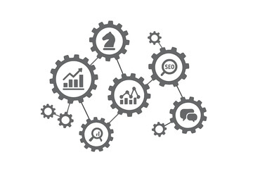 Business mechanism concept. Interconnected gears with icons for strategy, analytics, research, SEO, digital marketing. Metaphor for process, workflow, synergy, and growth.