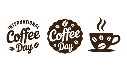 Three circular badges celebrating international coffee day with coffee beans and text