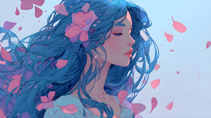 Anime girl dreaming with flowing blue hair and pink petals