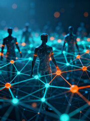 Futuristic network with human figures connecting in a virtual reality with glowing nodes and lines